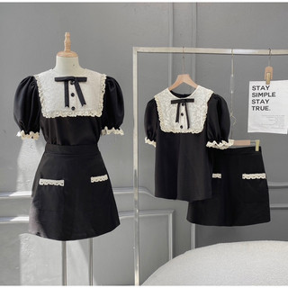Bigsize set áo cổ ren nơ + chân váy - 19532