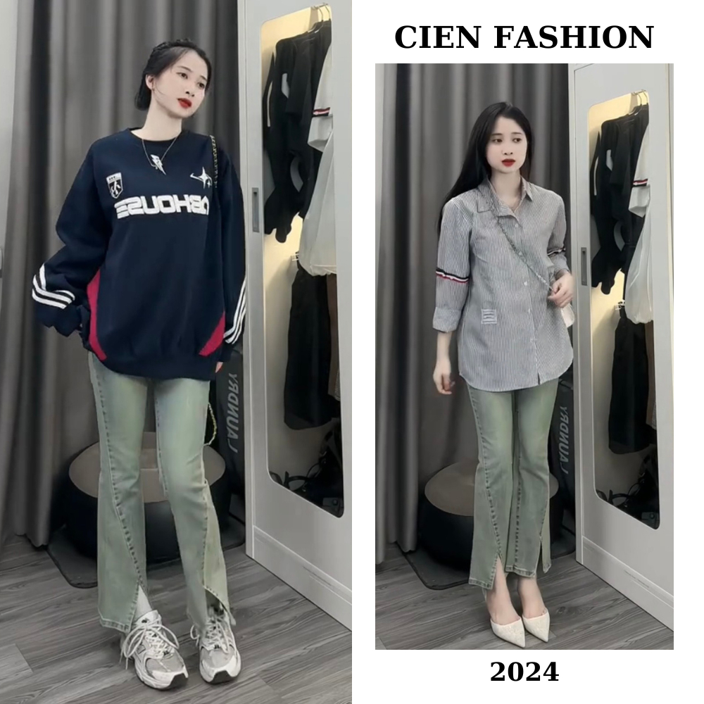 Quần jean ống loe nữ Tua rua Lưng cao hack dáng Chất bò jean co giãn từ 40-55kg chiều dài 102cm