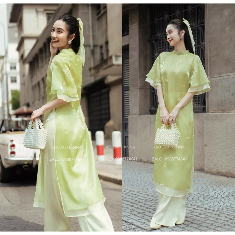 Áo dài cách tân dáng suông Hanna thiết kế tay loe bèo thêu hoa cao cấp, chất tơ Organza mềm mát trẻ trung xinh đẹp