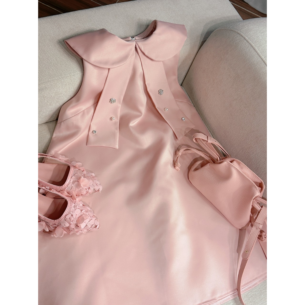 Sadie dress váy xinh form babydoll cổ sen nơ đính đá ngọc cộc tay tiểu thư AGUJA
