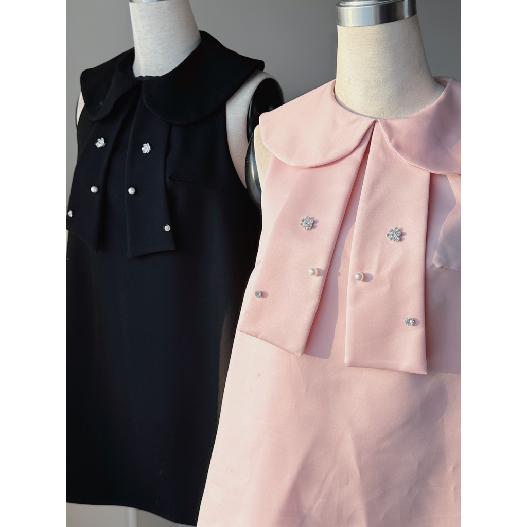 Sadie dress váy xinh form babydoll cổ sen nơ đính đá ngọc cộc tay tiểu thư AGUJA