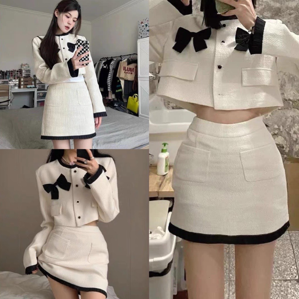 Sét áo dạ tweed trắng dài tay croptop khuy cài đính nơ đen kèm chân váy chữ A lưng cao dễ thương tôn dáng đi chơi