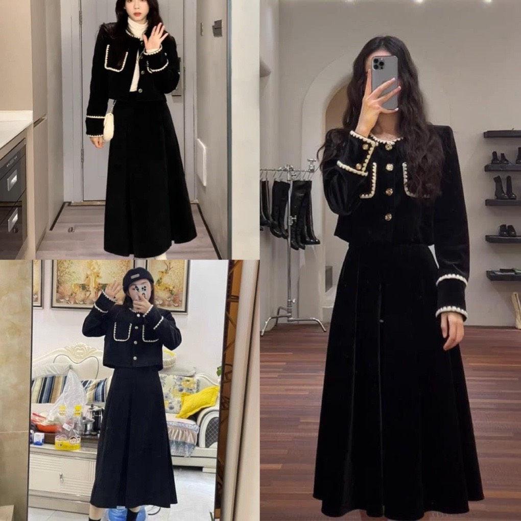 Sét Áo nhung croptop dài tay túi vuông viền ren cúc ngọc kèm chân váy xếp ly dài lưng cao chất nhung lỳ dày dặn