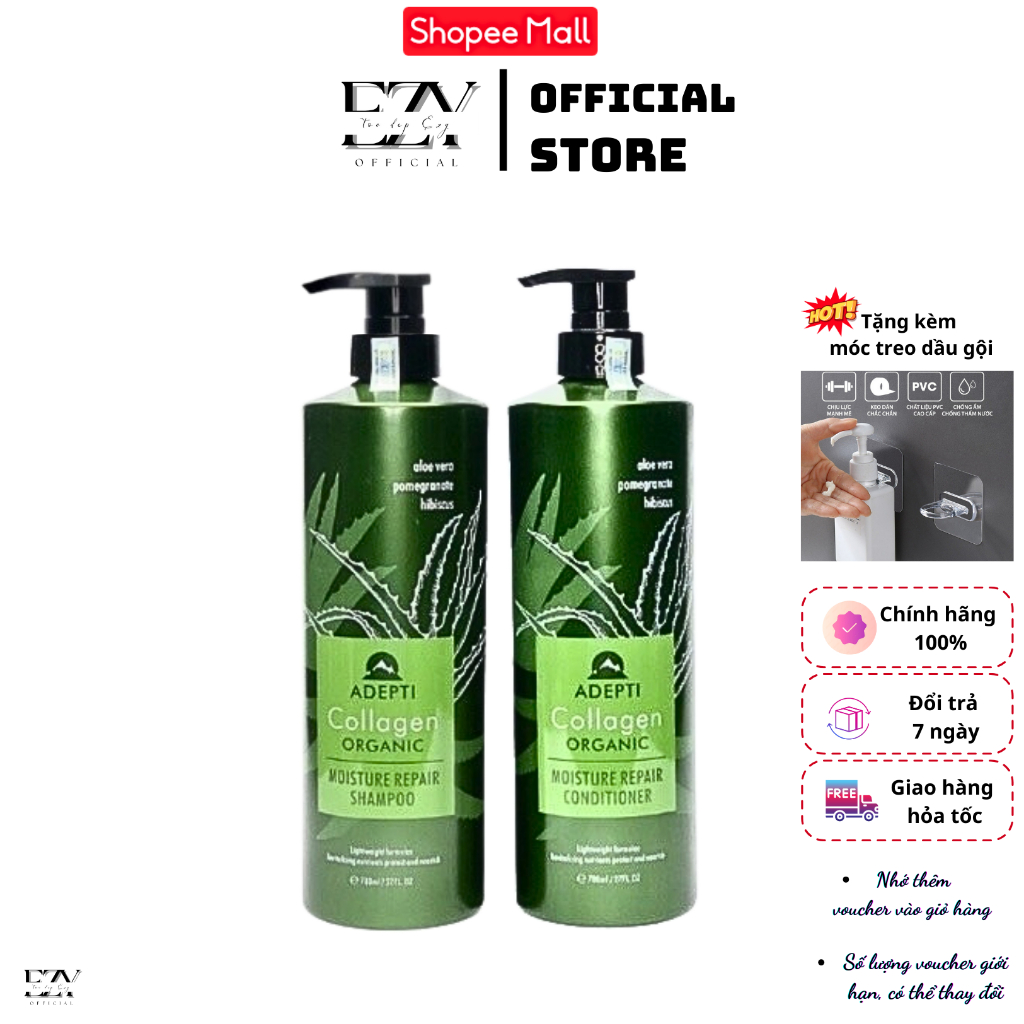 Dầu gội, Dầu xả dưỡng sinh ADEPTI Collagen và Organic Chiết Xuất Từ Nha Đam Giảm Giàu Ngứa Mềm Mượt Tóc Đẹp Ezy Official
