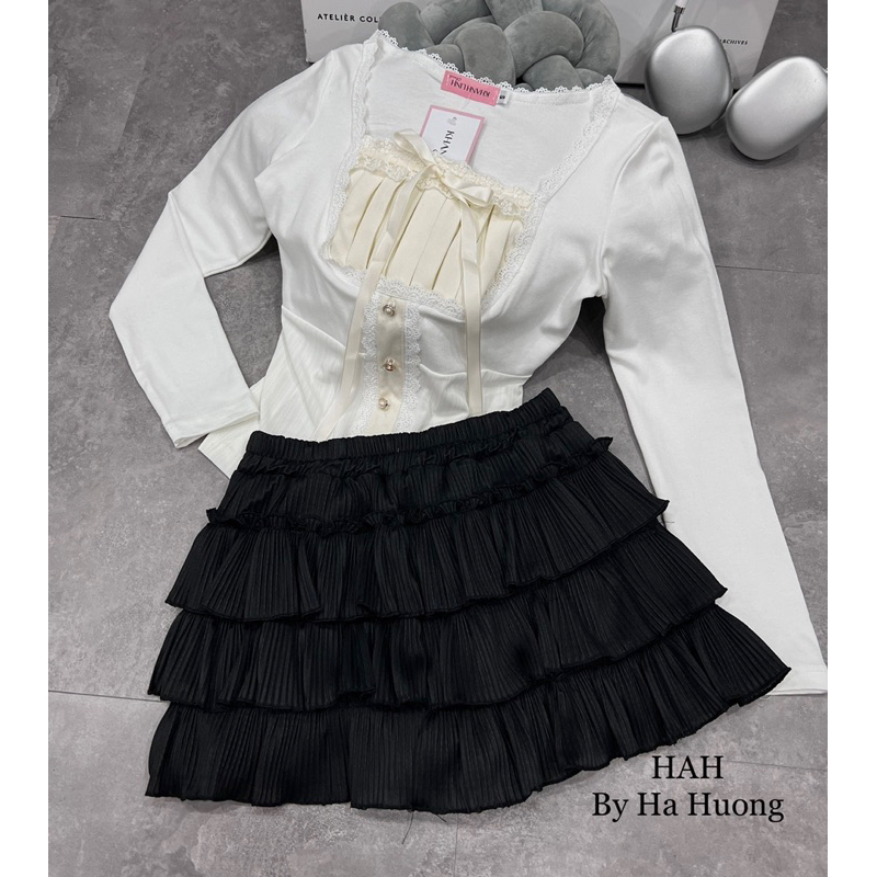 Set áo body viền bèo mix chân váy tầng siêu xinh