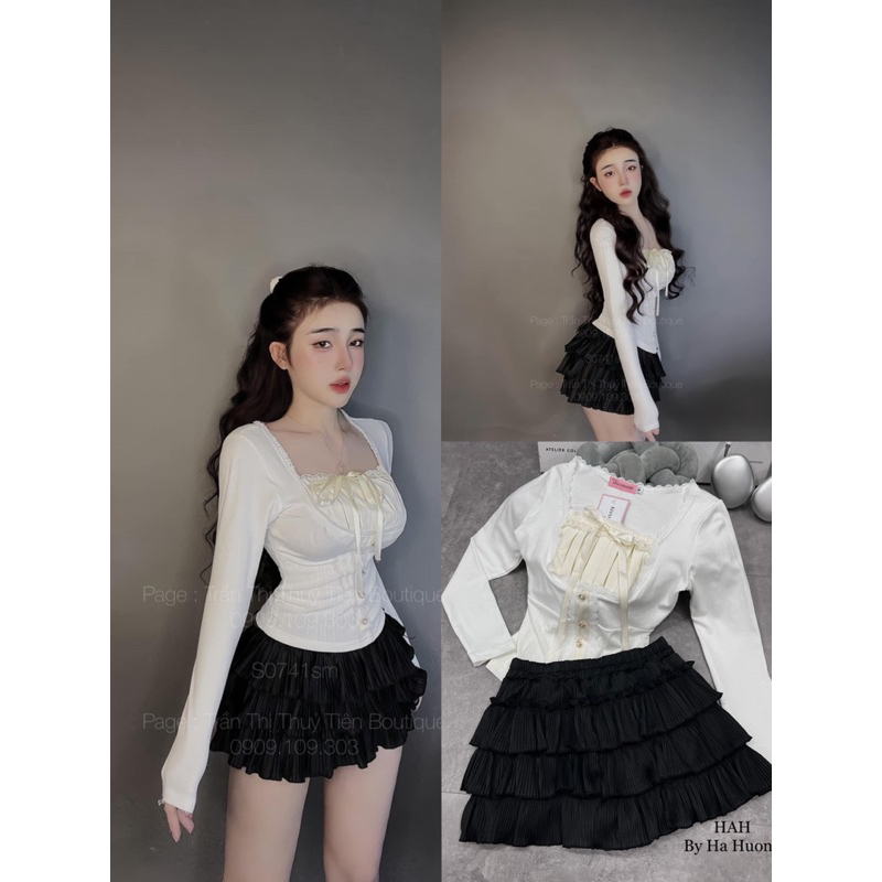 Set áo body viền bèo mix chân váy tầng siêu xinh