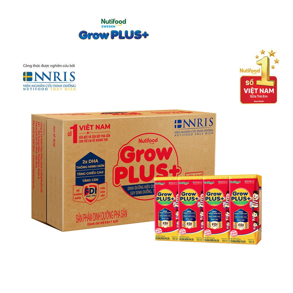 Thùng Sữa Bột Pha Sẵn Nutifood GrowPLUS+ Suy Dinh Dưỡng (đỏ) - Trên 1 Tuổi - Tăng Cân, Tăng Chiều Cao (48 Hộp x 180ml)