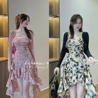  Váy đầm nữ 2 dây nhún ngực sang chảnh họa tiết xòe bèo đuôi cá dễ thương xinh xắn mix áo khoắc gân duyên dáng