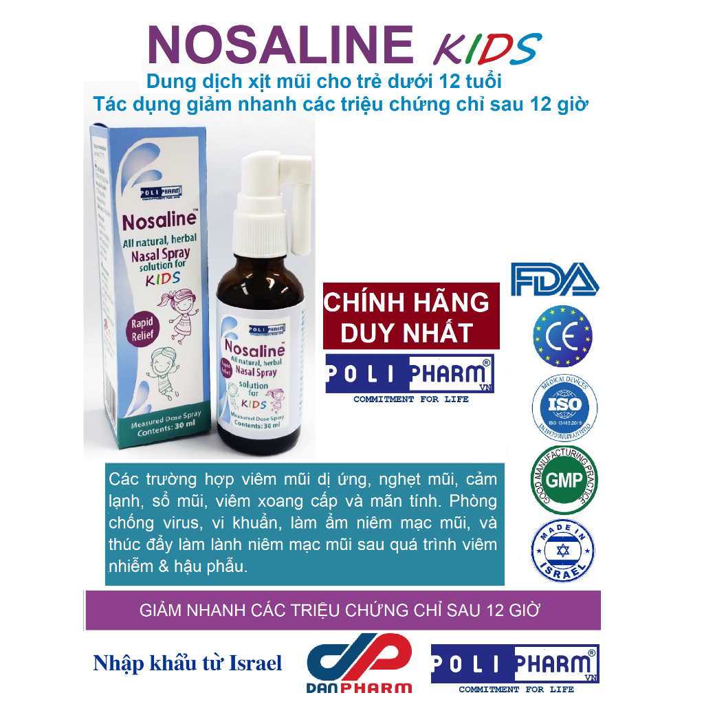 Chính hãng Dung dịch xịt mũi cho trẻ Nosaline nhập khẩu Danpharm Israel, chai 30ml - Polipharm