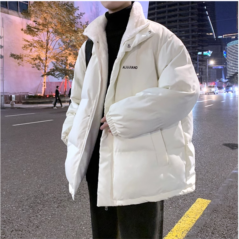 Áo Khoác Phao Béo Lot Lông Cừu Nam Nữ 3 Lớp Dày Dặn, Dáng Xuống Trơn Basic Phối Chữ Thêu Chất Liệu Phao Bé Siêu Ấm