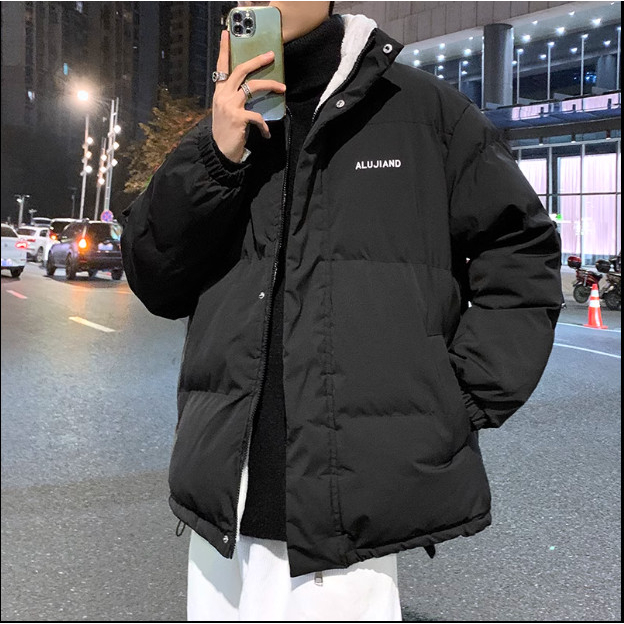 Áo Khoác Phao Béo Lot Lông Cừu Nam Nữ 3 Lớp Dày Dặn, Dáng Xuống Trơn Basic Phối Chữ Thêu Chất Liệu Phao Bé Siêu Ấm