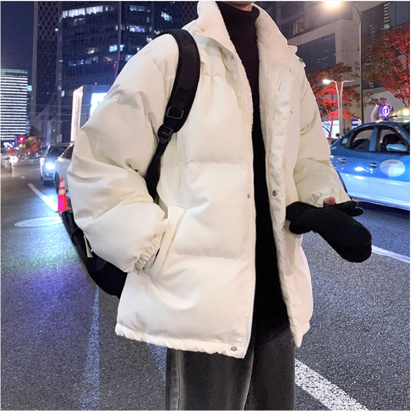 Áo Khoác Phao Béo Lot Lông Cừu Nam Nữ 3 Lớp Dày Dặn, Dáng Xuống Trơn Basic Phối Chữ Thêu Chất Liệu Phao Bé Siêu Ấm