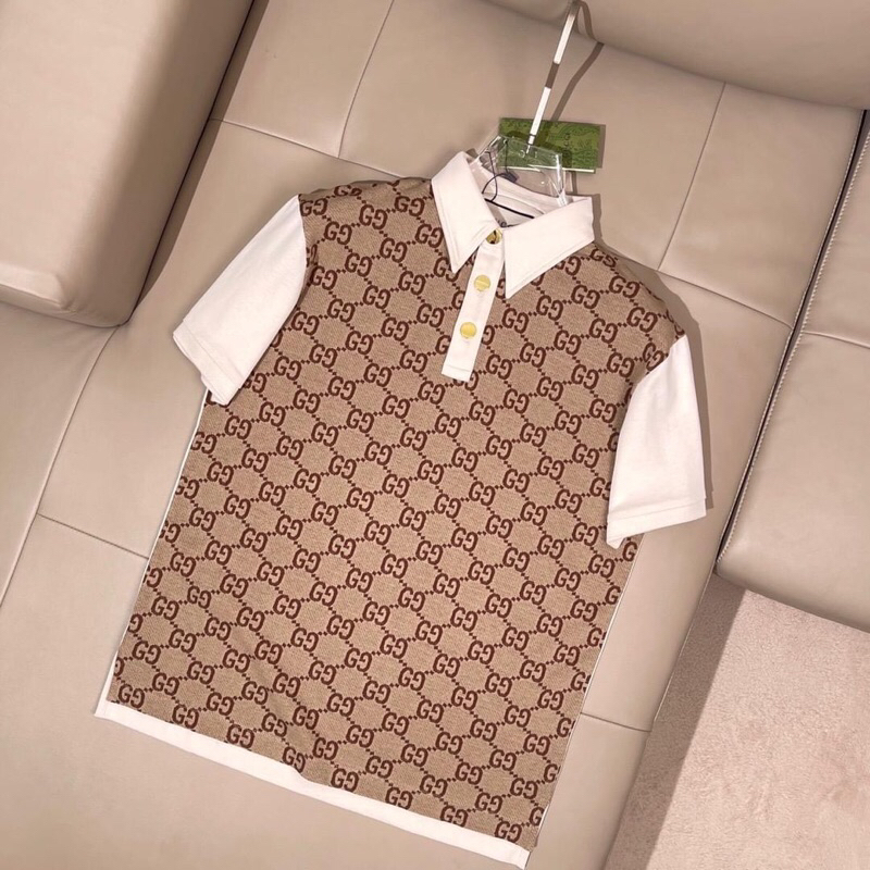 Hàng Có Sẵn!! Áo Polo G.C Silk Họa Tiết Monogram GG Phối Cúc Vàng Cực Sang Trọng Hàng Loại 1