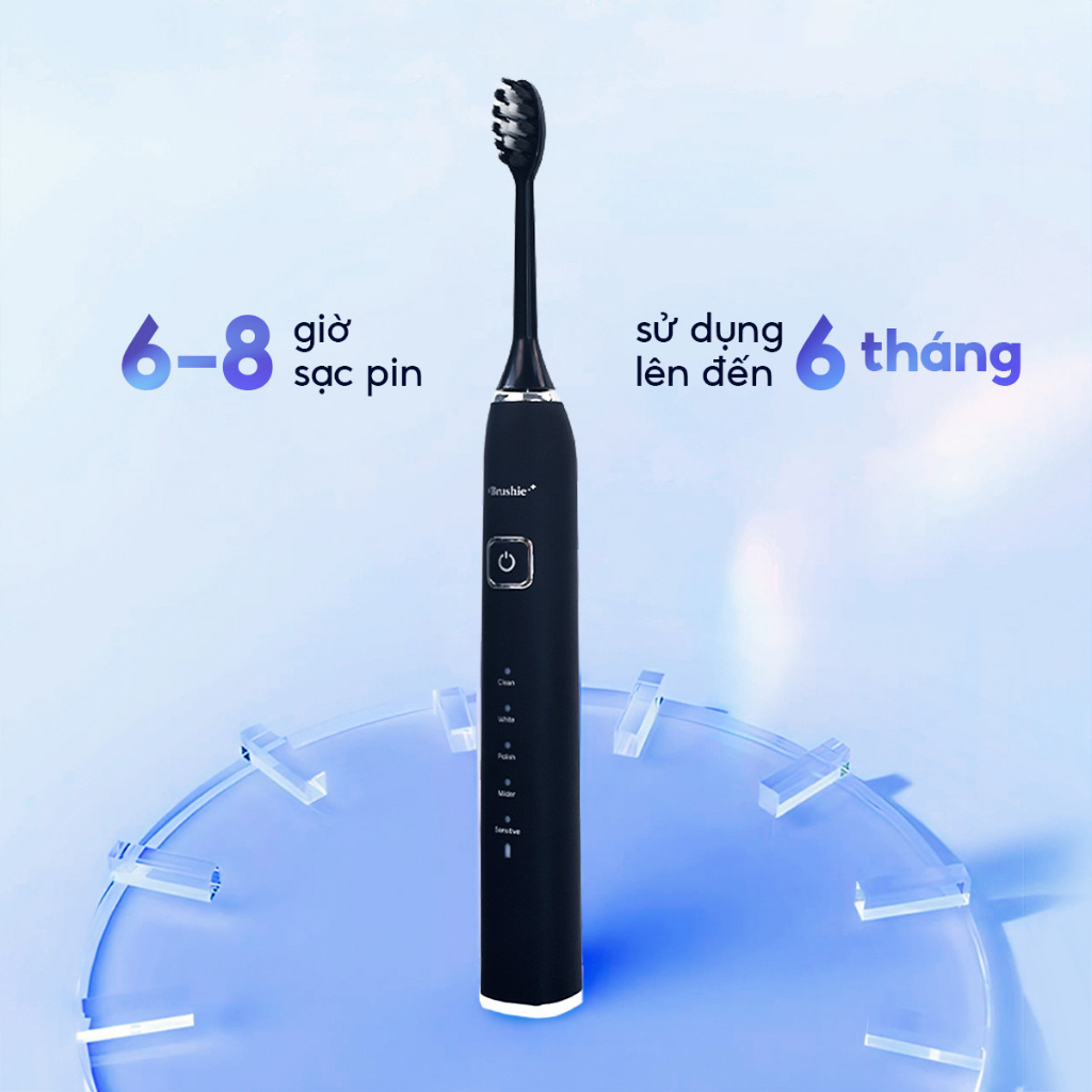 Bàn chải điện Brushie 5 chế độ và set 3 đầu bàn chải - Combo siêu tiết kiệm công nghệ sóng âm sonic, chải sạch mảng bám