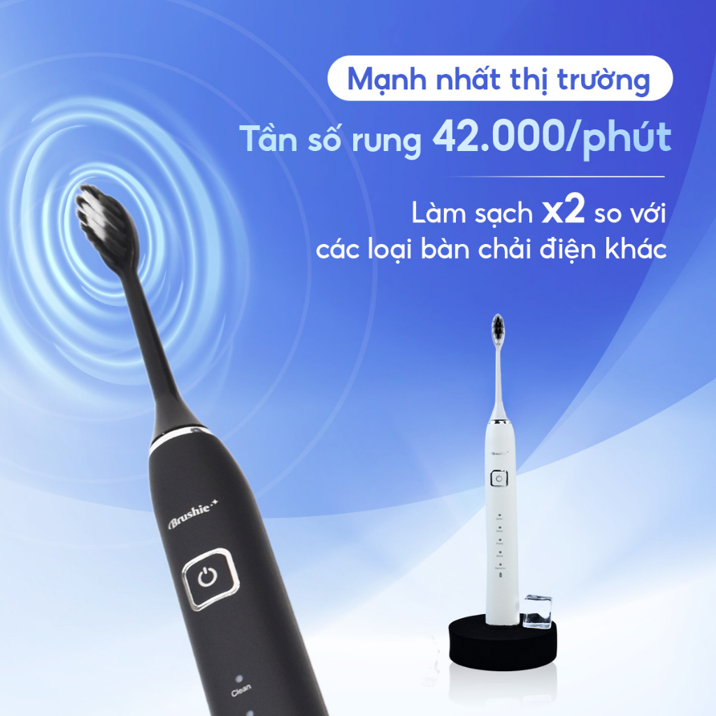 Bàn chải điện Brushie 5 chế độ và set 3 đầu bàn chải - Combo siêu tiết kiệm công nghệ sóng âm sonic, chải sạch mảng bám
