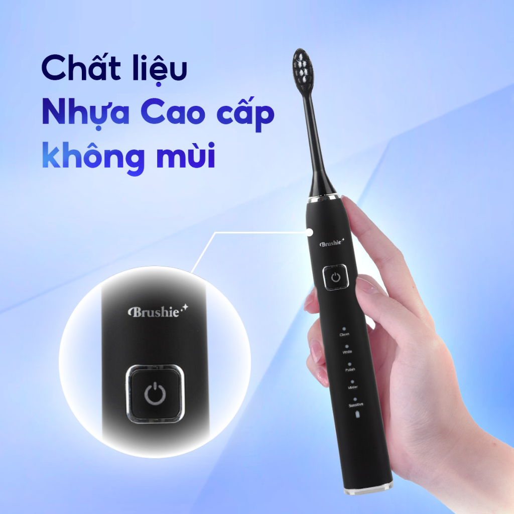 Bàn chải điện Brushie 5 chế độ và set 3 đầu bàn chải - Combo siêu tiết kiệm công nghệ sóng âm sonic, chải sạch mảng bám