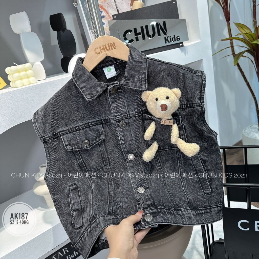 AK187 - ÁO gile Jean mang pet gấu Bear đi khắp thế giới - 6665 cho Bé