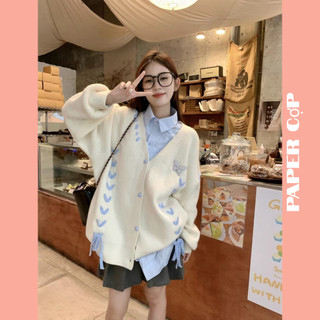 Áo khoác len cardigan cổ v họa tiết đan dây nổi bật form dáng dài rộng chất len dày dặn phong cách hàn quốc .