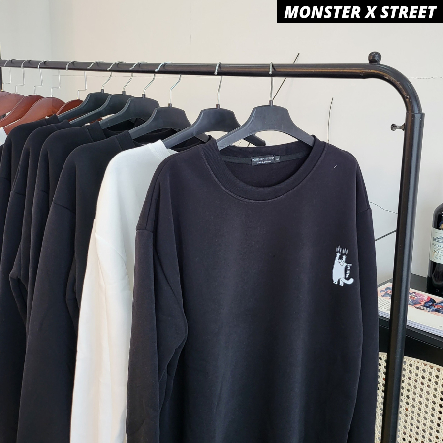 Áo dài tay trơn NỈ BÔNG Unisex Monster X Street Mèo Lan Can Sweater Ulzzang cặp đôi nam nữ form rộng oversize Hàn Quốc