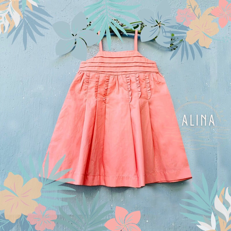 Đầm cho bé gái ALINA 2 dây pli, chất thô cotton thoáng mát, màu vàng mơ và cam sữa