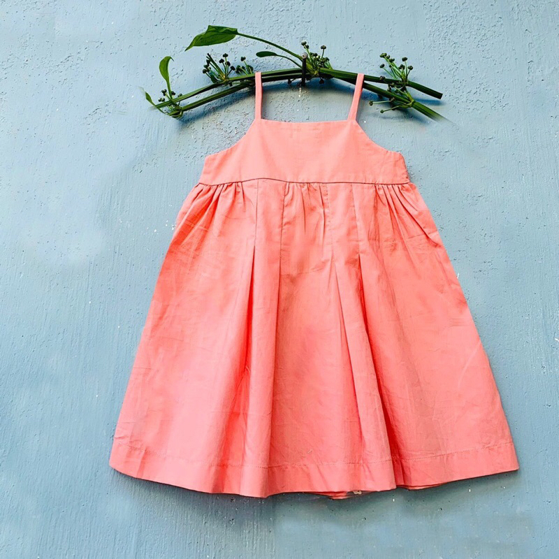 Váy đầm cho bé gái, 2 dây chấm bi, pli 3 màu, chất thô cotton thoáng mát
