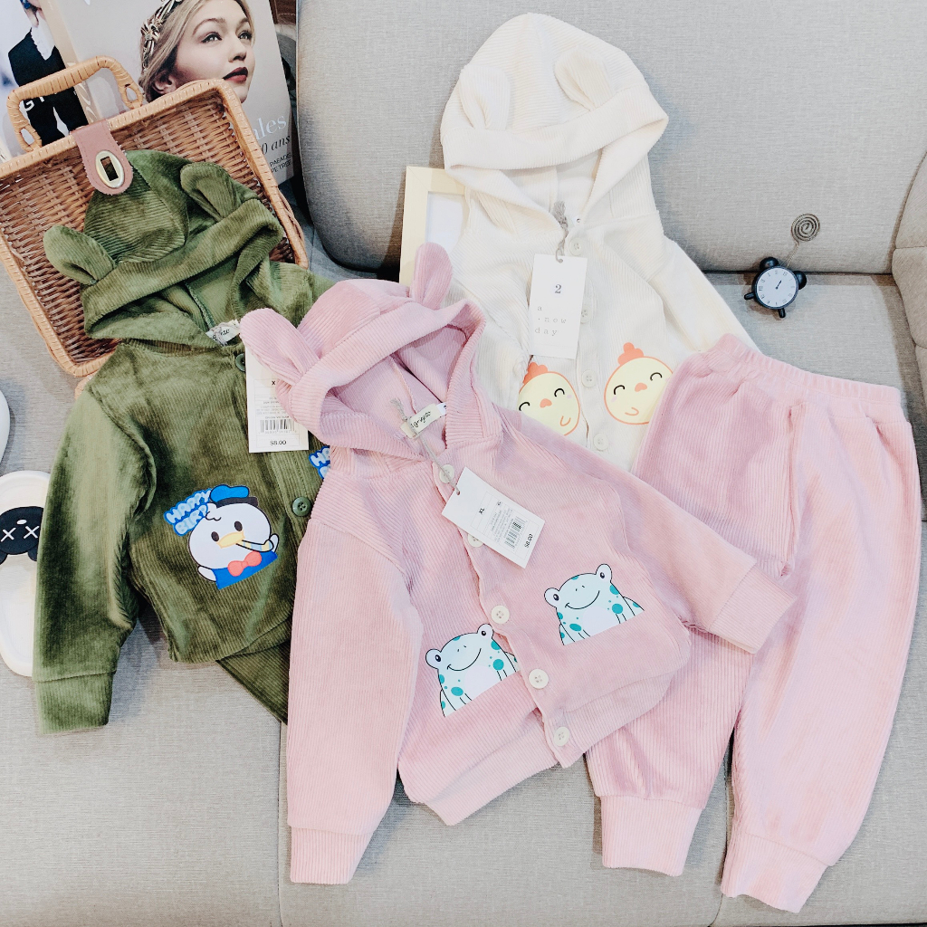 Đồ bộ có mũ chất nhung tăm cho bé gái, bộ quần áo dáng Hoodie thu đông cho bé từ 7-19kg