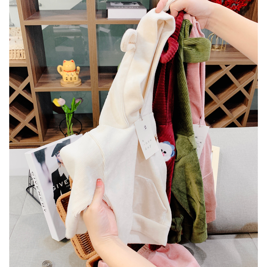 Đồ bộ có mũ chất nhung tăm cho bé gái, bộ quần áo dáng Hoodie thu đông cho bé từ 7-19kg