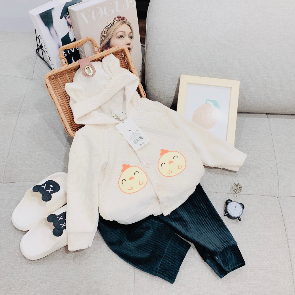 Đồ bộ có mũ chất nhung tăm cho bé gái, bộ quần áo dáng Hoodie thu đông cho bé từ 7-19kg