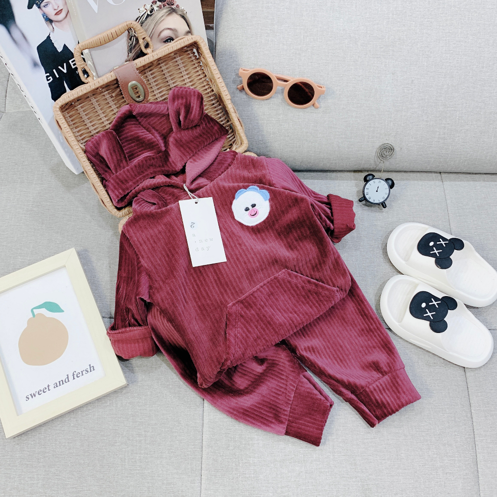 Đồ bộ có mũ chất nhung tăm cho bé gái, bộ quần áo dáng Hoodie thu đông cho bé từ 7-19kg