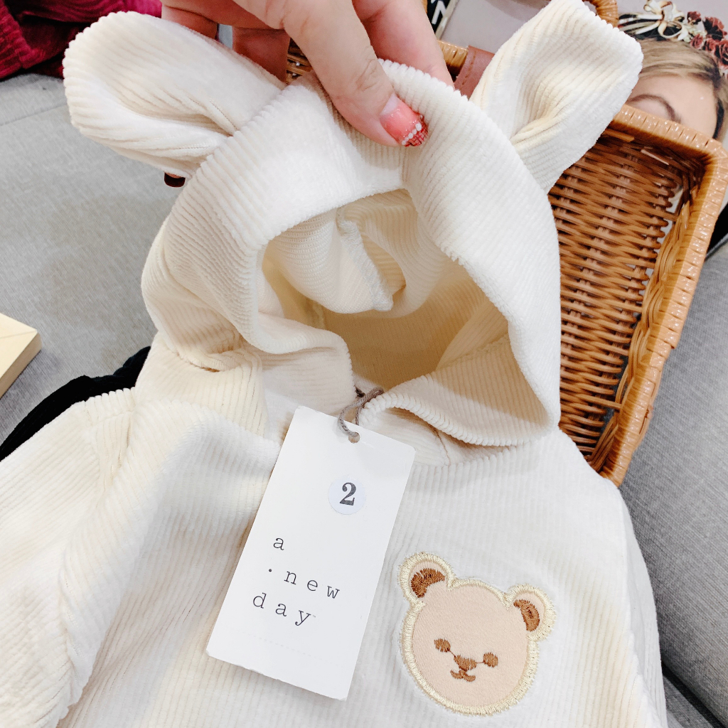 Đồ bộ có mũ chất nhung tăm cho bé gái, bộ quần áo dáng Hoodie thu đông cho bé từ 7-19kg