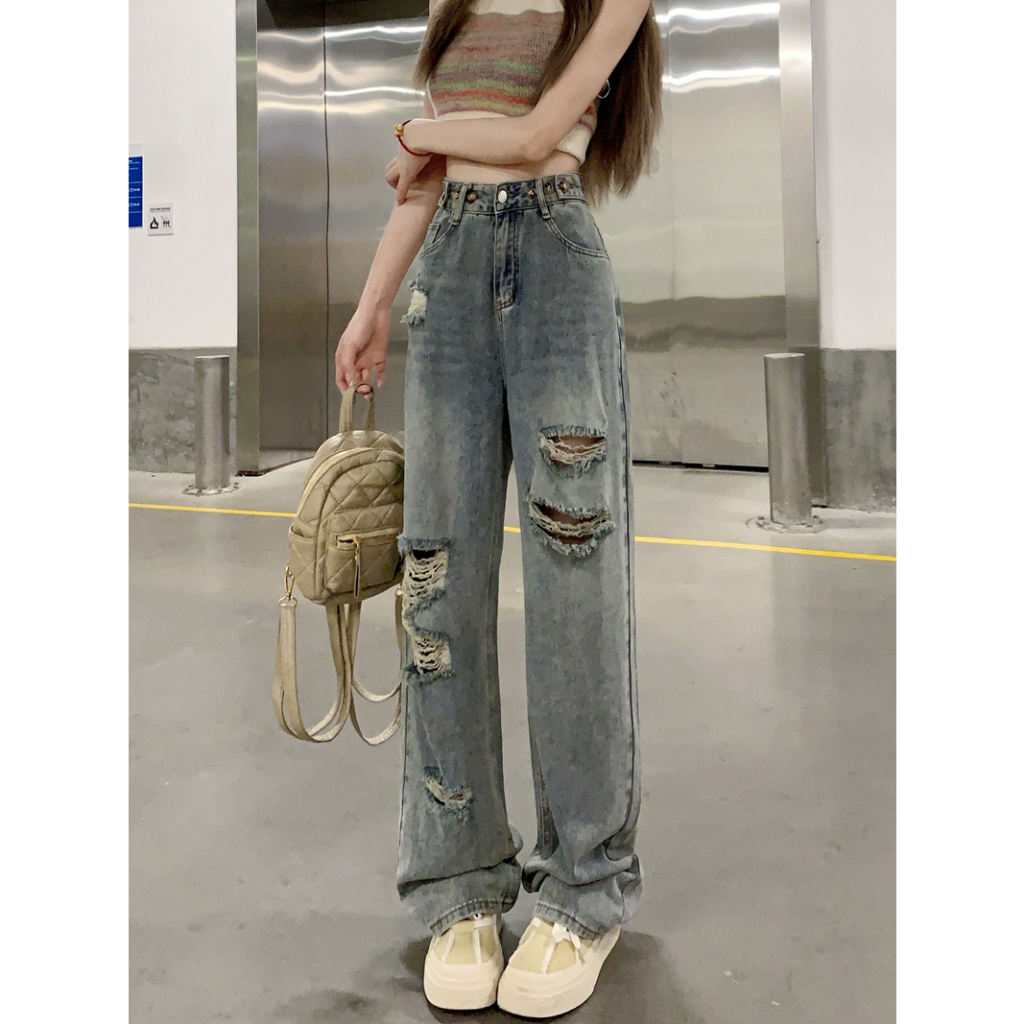 Quần Jeans Nữ Ống Suông , Quần Bò Nữ Ống Rộng Rách Gối Có Đai Cạp Siu Xinh TL06