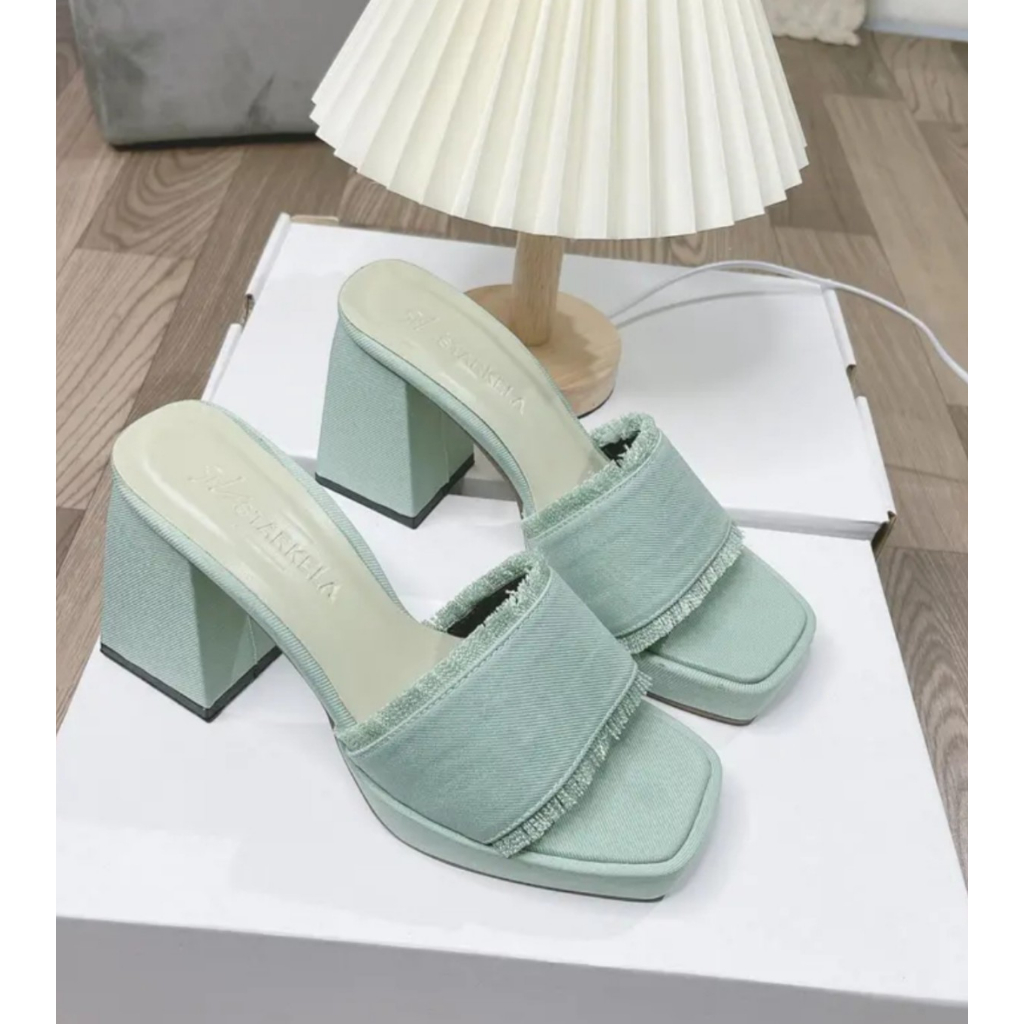 Dép cao gót nữ bọc jean,quai ngang to,gót trụ cao 10cm siêu đẹp