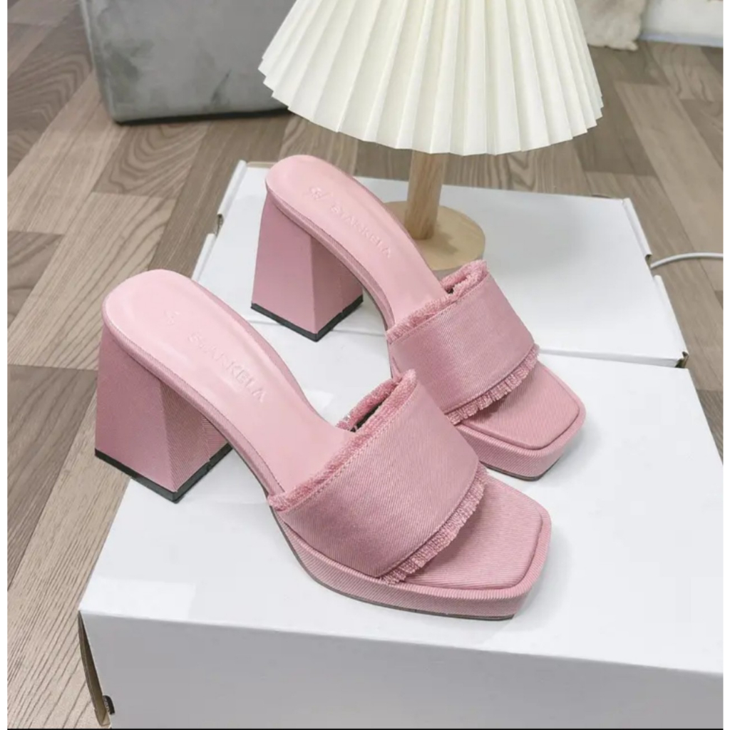 Dép cao gót nữ bọc jean,quai ngang to,gót trụ cao 10cm siêu đẹp