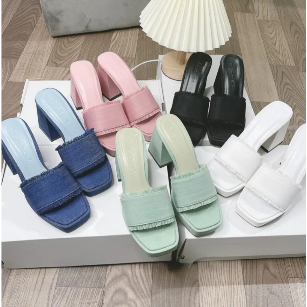 Dép cao gót nữ bọc jean,quai ngang to,gót trụ cao 10cm siêu đẹp