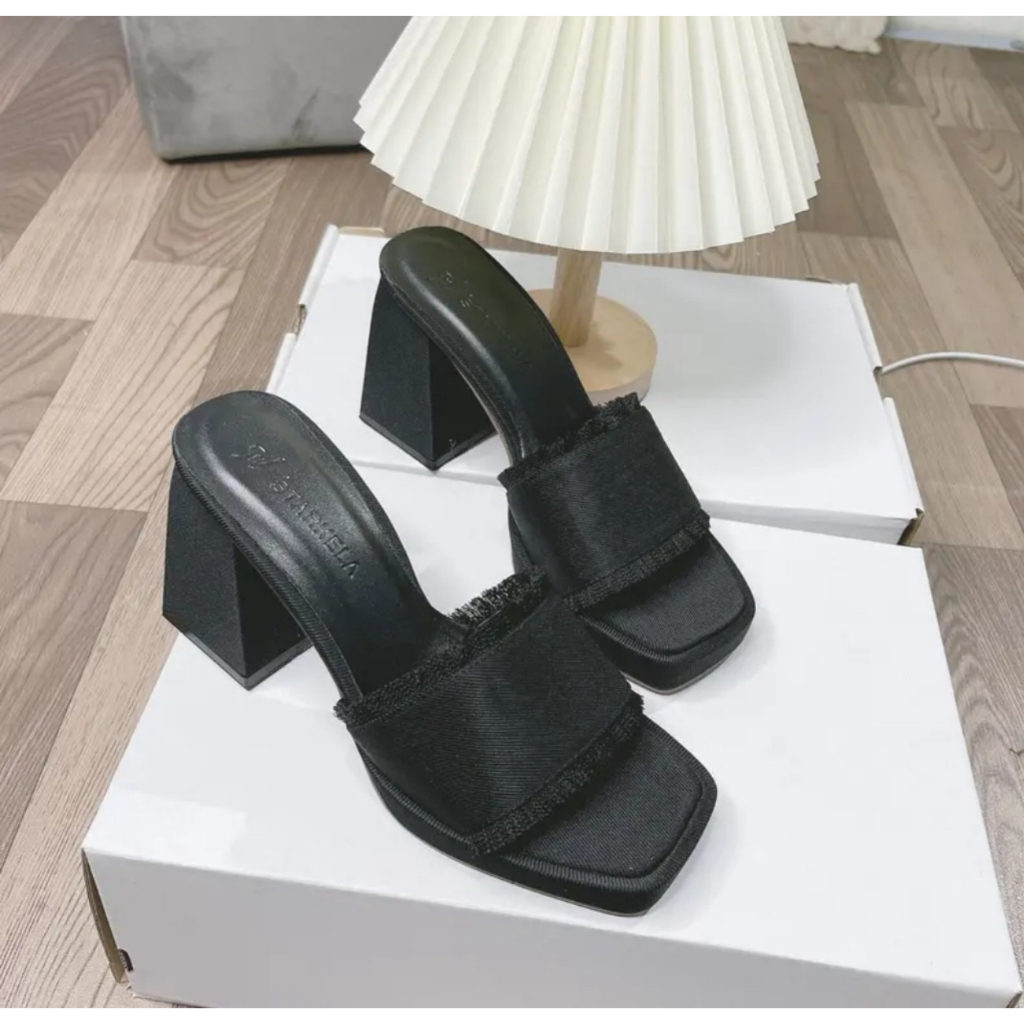 Dép cao gót nữ bọc jean,quai ngang to,gót trụ cao 10cm siêu đẹp