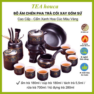 Bộ Ấm Chén Pha Trà Đẹp Cối Xay Gốm Sứ Cao Cấp ,Bộ Chén Uống Trà Đạo Cẩm Xanh Hoạ Tiết Hoa Cúc 18,17 ,11 ,10 Chi Tiết