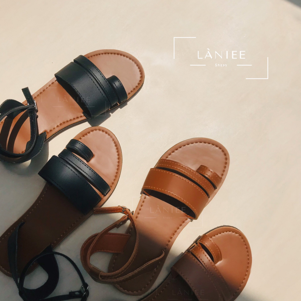 Sandal Nữ quai ngang đôi xỏ ngón Làniee  2 màu đen, nâu dây gài cổ chân ĐẾ TPR NÂU SÁNG - LNX01