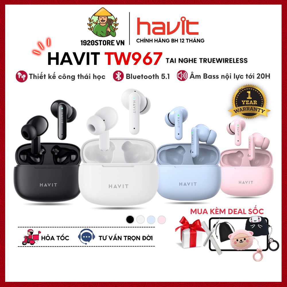 【Hỏa Tốc HCM】Tai Nghe Bluetooth TWS HAVIT TW967 BT 5.1, Thiết Kế Công Thái Học HĐ, Driver 10mm - Chính Hãng BH 12T