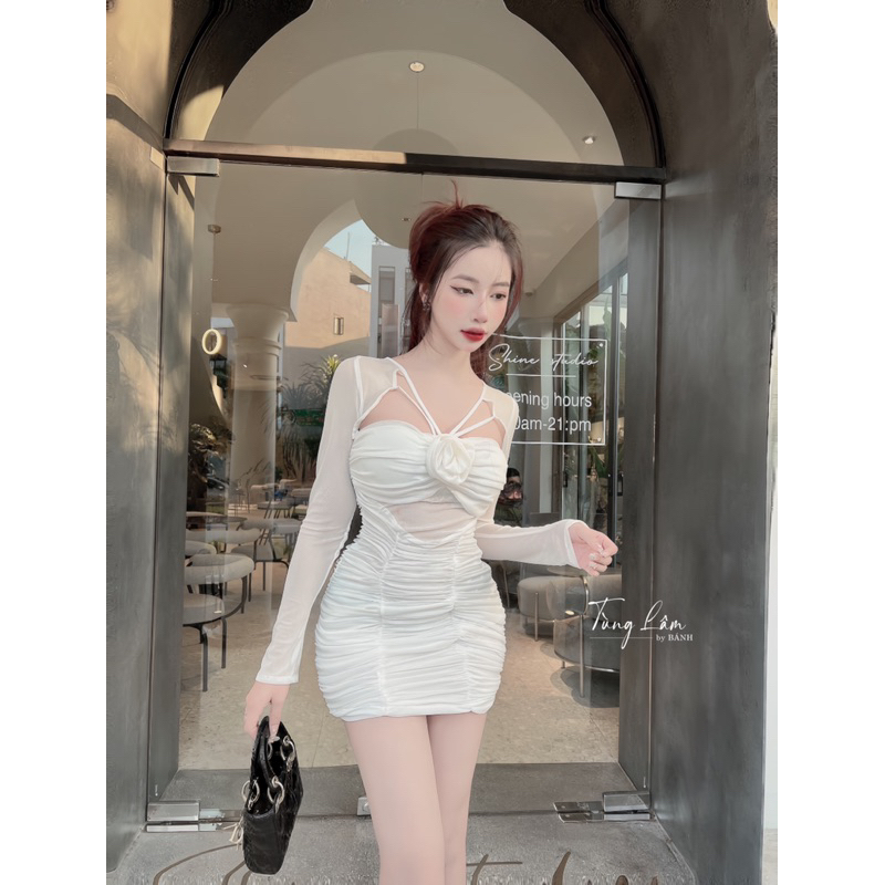 Váy body nhún thân phối hoa ngực cực xinh