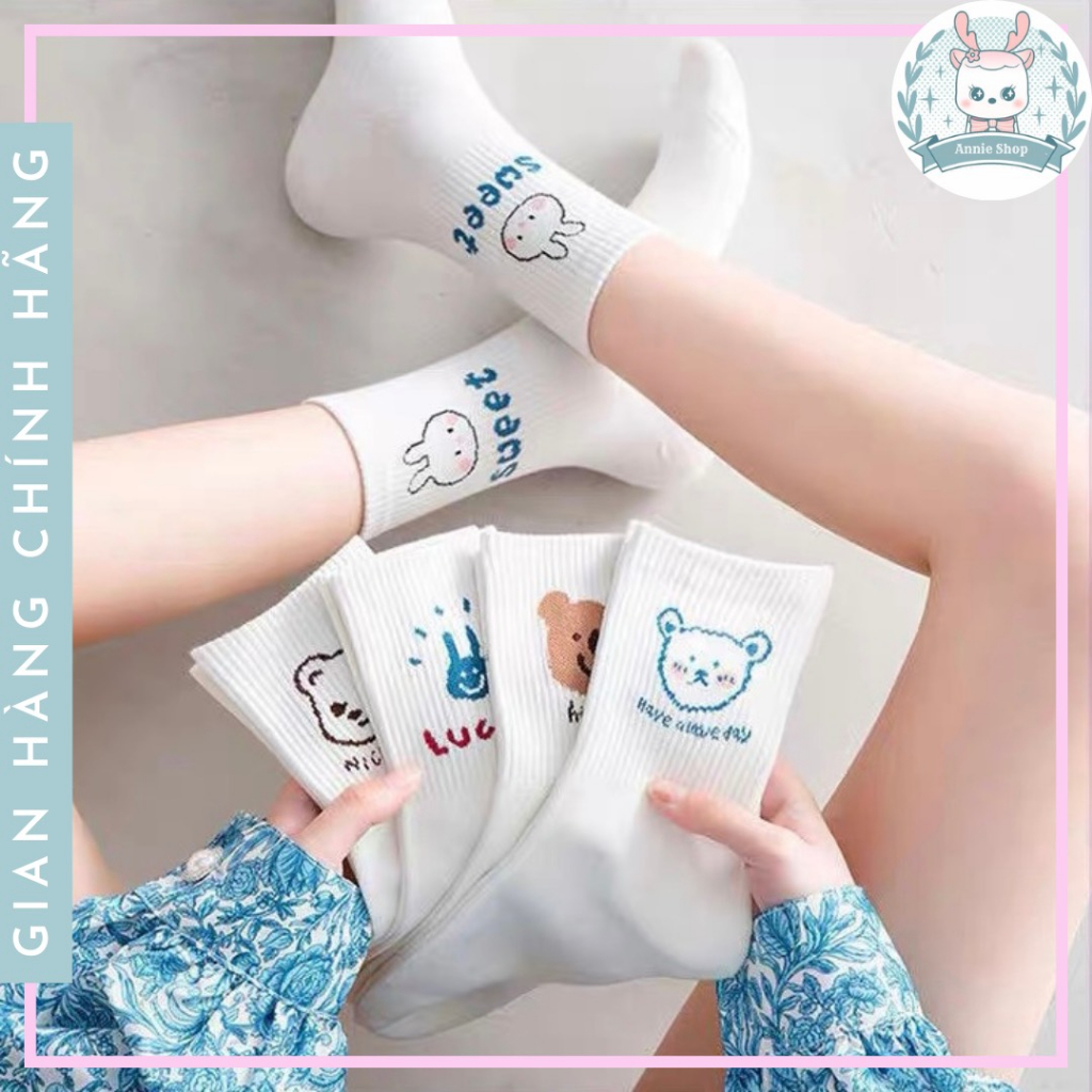 Tất Vớ Nam Nữ, Vớ Hình Gấu Thỏ Cổ Cao Trắng Vải Cotton Phong Cách Hàn Quốc Annieshop