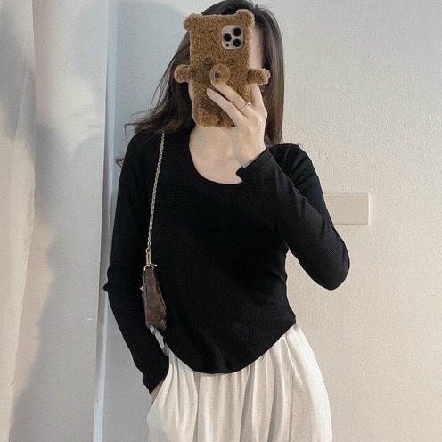 Áo thun nữ, áo vạt bầu cổ vuông dài tay chất vải thun gân ôm body mã SA20 HMStyle