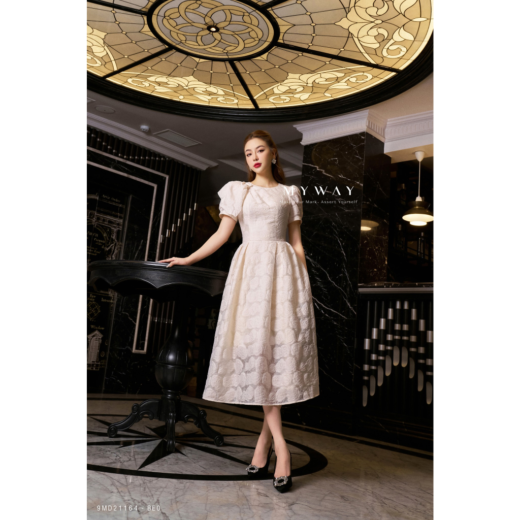 Đầm Ren Dự Tiệc Nữ MY WAY Cổ Tròn Đính Nơ Cao Cấp 9MD21164 BE0