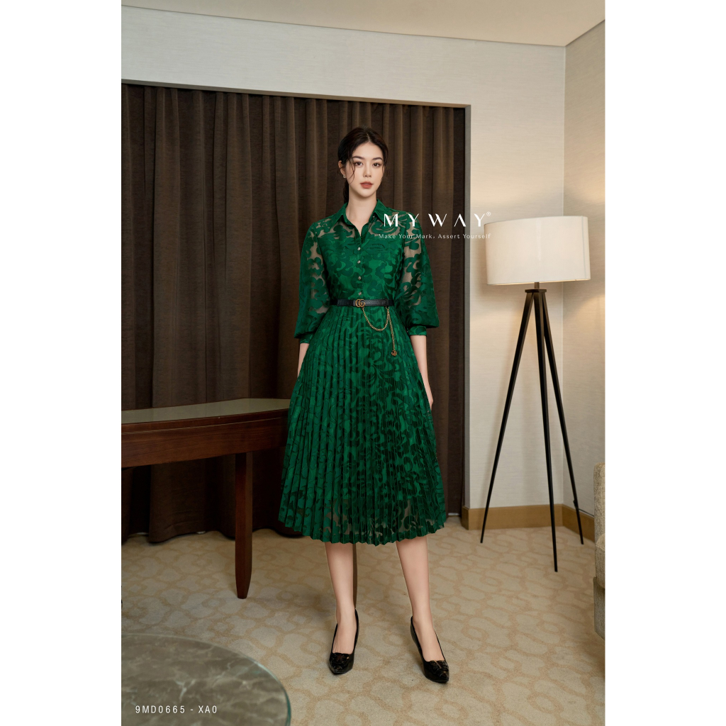 Đầm Nữ Công Sở Dài Tay MY WAY Phối Xếp Ly Sang Trọng 9MD0665 XA0