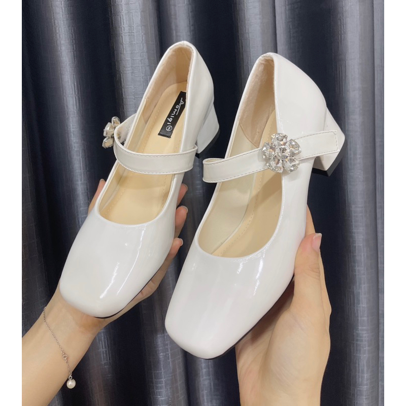 Giày cao gót LIM Store đế vuông quai đính đá giày mary jane phong cách Pháp thanh lịch