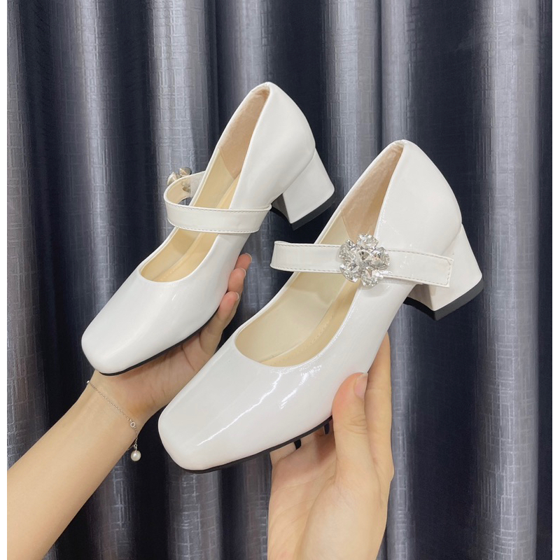 Giày cao gót LIM Store đế vuông quai đính đá giày mary jane phong cách Pháp thanh lịch