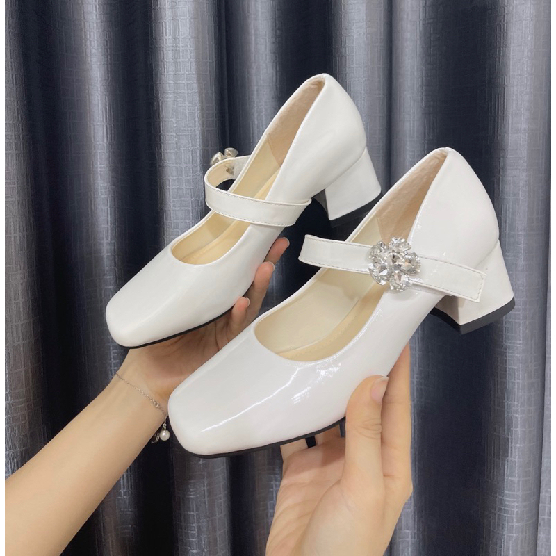 Giày cao gót LIM Store đế vuông quai đính đá giày mary jane phong cách Pháp thanh lịch