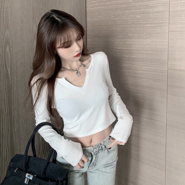 Áo croptop nữ,áo thun tăm nữ co dãn ôm body tay dài cổ V mã SA114 HOASUMO