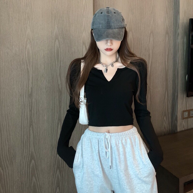 Áo croptop nữ,áo thun tăm nữ co dãn ôm body tay dài cổ V mã SA114 HOASUMO