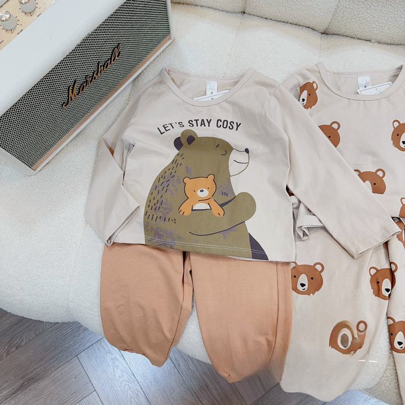 Quần áo thu đông bé trai, set bộ quần áo dài tay chất cotton họa tiết gấu Let’s stay cosy cho bé