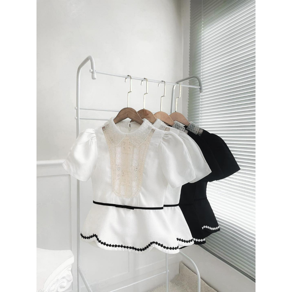 Áo Peplum Tay Phồng Phối Ren Công Sở / Đi Tiệc Sang Trọng Màu Trắng / Đen